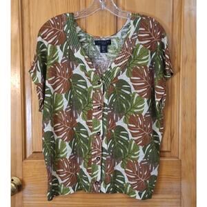 Tahari Shirt Women's XL 100% Linen Cream Green Brown Tropical Coastal Beach